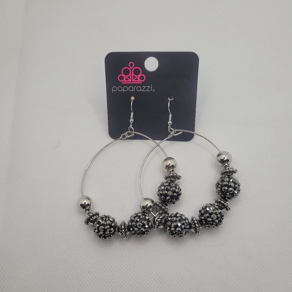 Silver Dangle Rhinestone Balls Hoop Earrings Paparazzi HGP301B - Picture 5 of 6